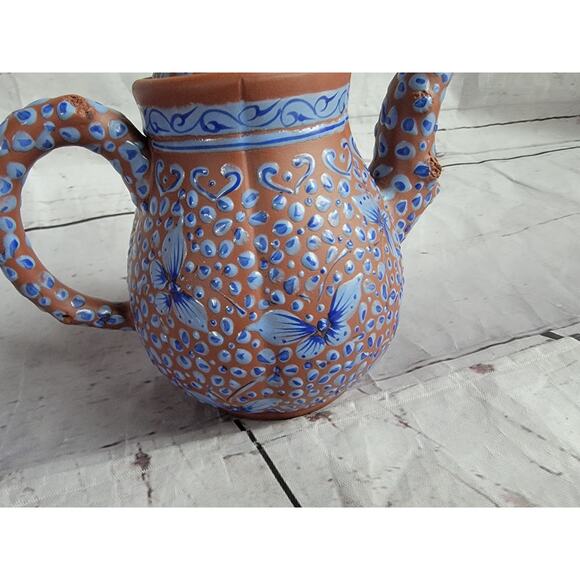 VTG Terra Cotta Clay Handmade Chinese Enamel Blue Butterflies Yixing Teapot 5 In - Picture 2 of 11